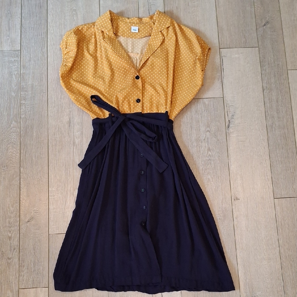 Polka Dot Mustard and Navy Midi Dress